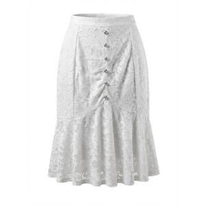 Elegant White Lace Midi Skirt with Decorative Buttons